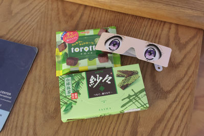 Anime eyes glasses and snacks
Part of a package from J-List. Free Anime Eyes Glasses came with package. XD I think that's Chitanda Eru's eyes (from Hyouka)
